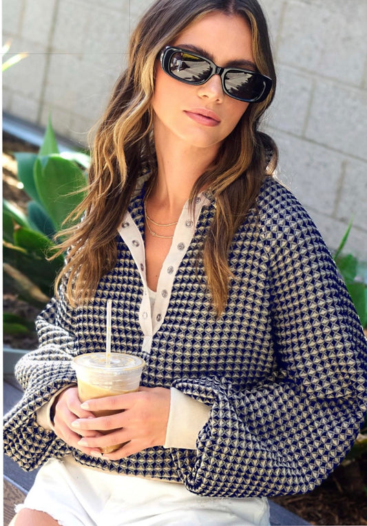 oversized two tone textured long sleeve top