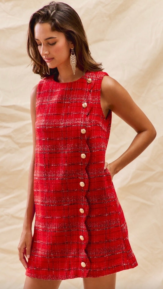 Red plaid tweed scalloped  side button min dress