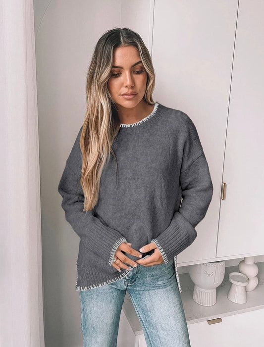 Solid Color Versatile Split-End Pullover Sweater
