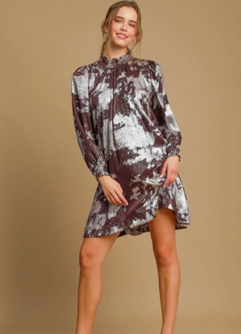 Ruffled High Neck Metallic Dress-merlot