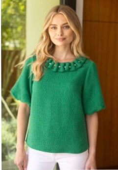 Green pearled ruffle neckline top