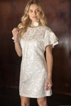 Ivory metallic ruffle short sleeve dress