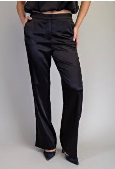 Satin straight leg black trousers