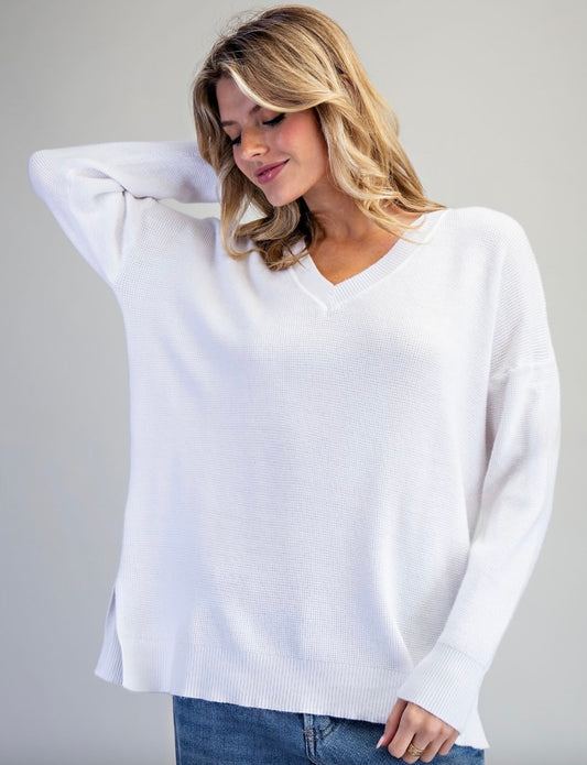 Solid V-neck Long Sleeve Sweater white