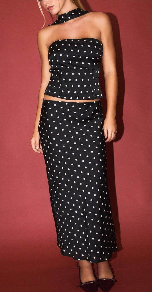 Black/white polka dot satin skirt