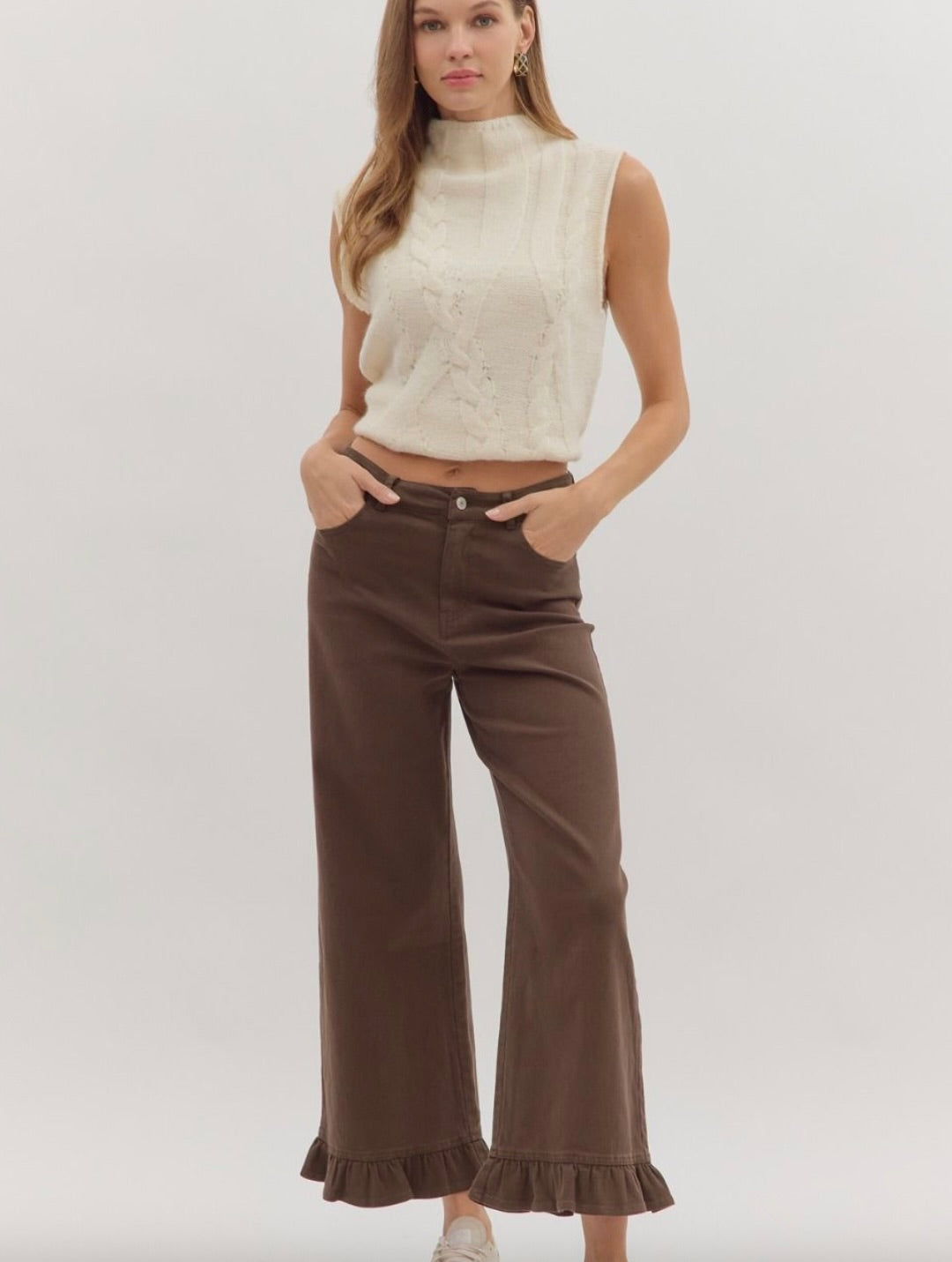 Brown wide leg pant featuring ruffle hem