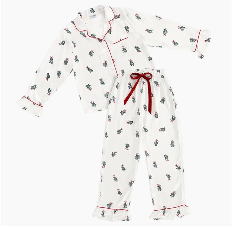 Mistletoe ruffle PJ set with velvet tie