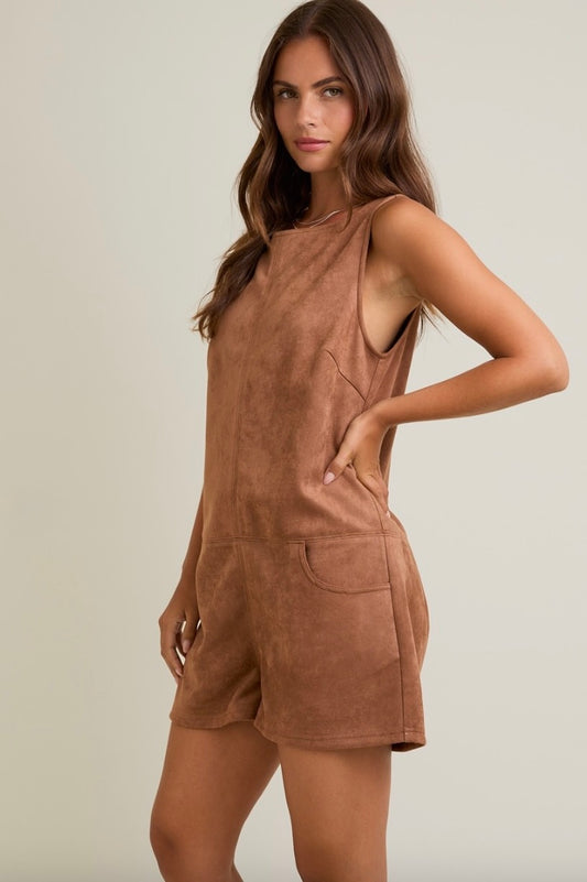 Boat Neck Sleeveless Suede Romper