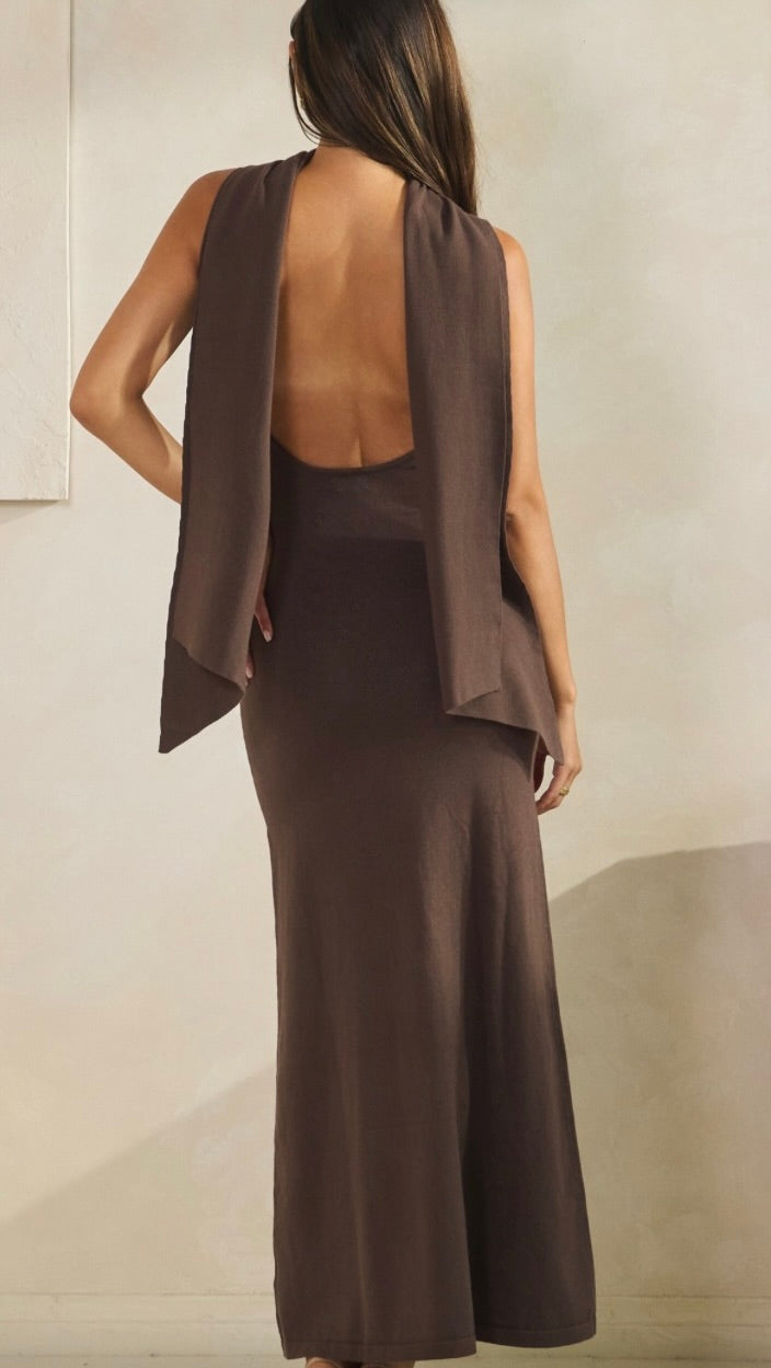 Scarf Backless Sweater Knit Maxi Dress