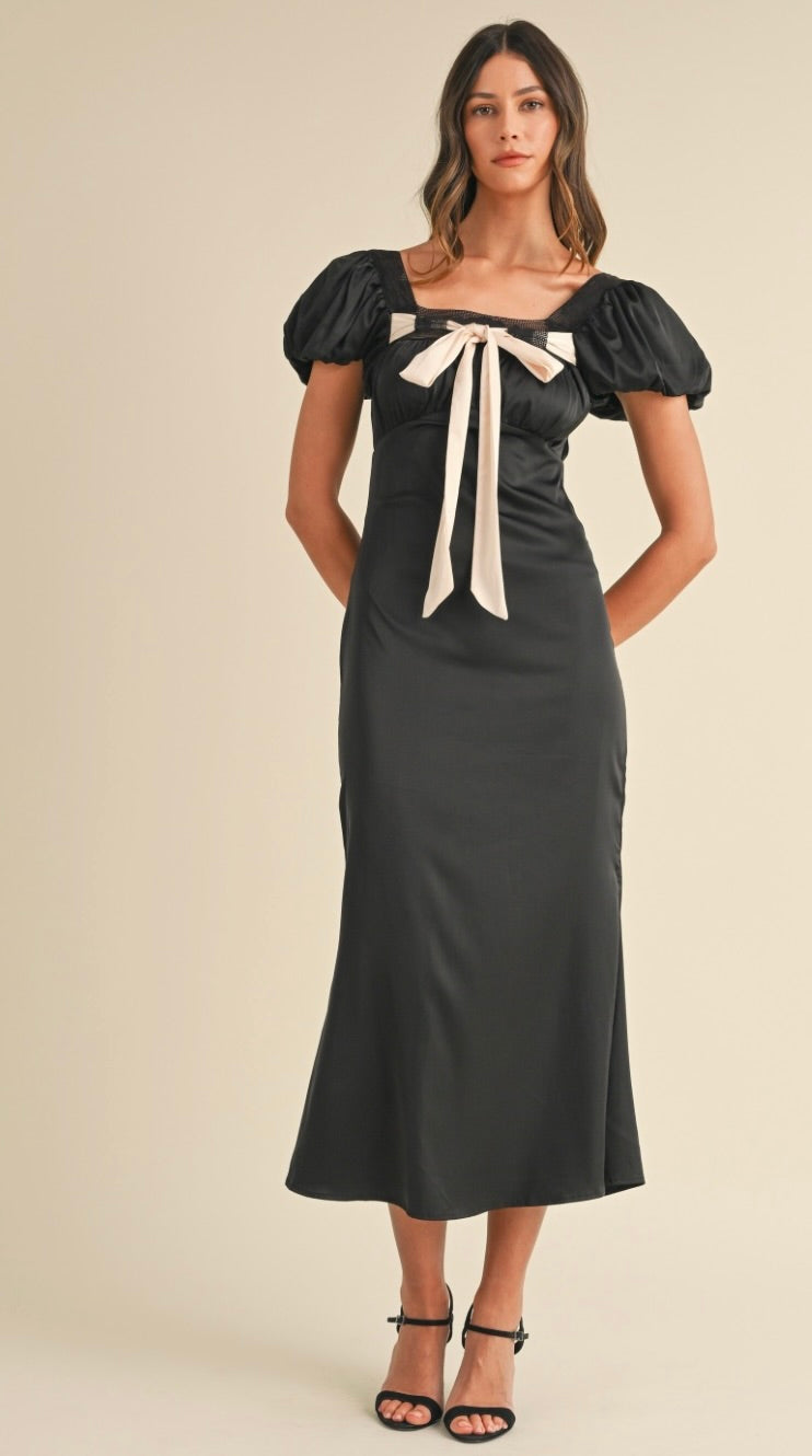 Black bow detailed satin midi dress