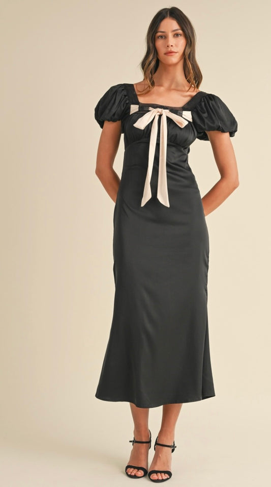 Black bow detailed satin midi dress