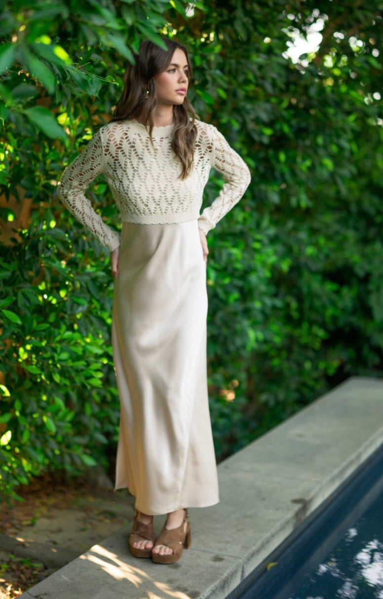 Satin slip dress with crochet knitted top