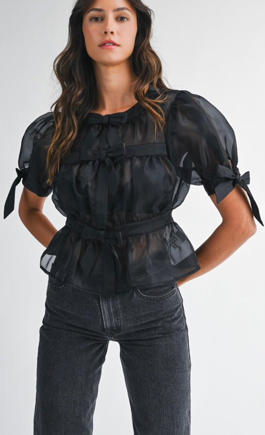 Black organza bow puff sleeve top
