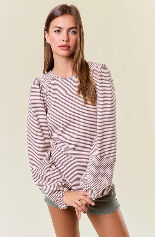 round neck bubble sleeve-oat/brown