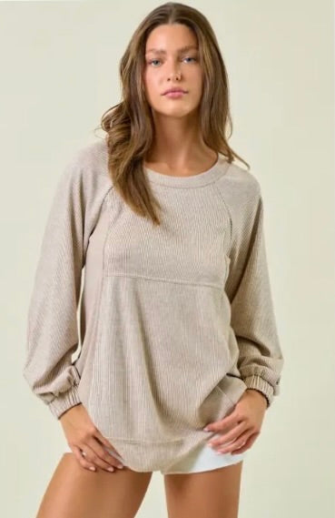 Pleat sleeve stripe mix top-beige/white