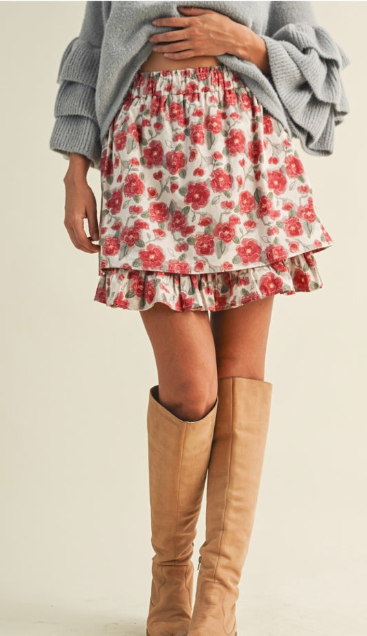 Floral print layered ruffle skirt