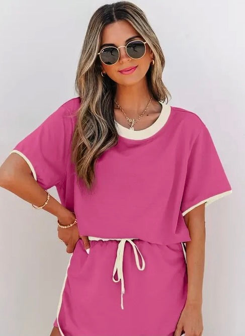 Bonbon Colorblock Edge Drop Shoulder T Shirt and Skort 2Pcs Set