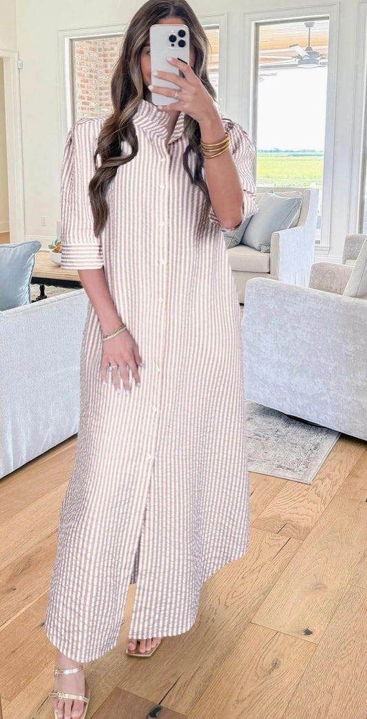 Khaki Stripe Frilled Collar Half Sleeve Shirt Maxi Dress