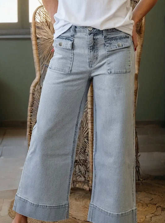 Sky Blue Stripe Button Flap Pocket Cuffed Hem Wide Leg Jeans