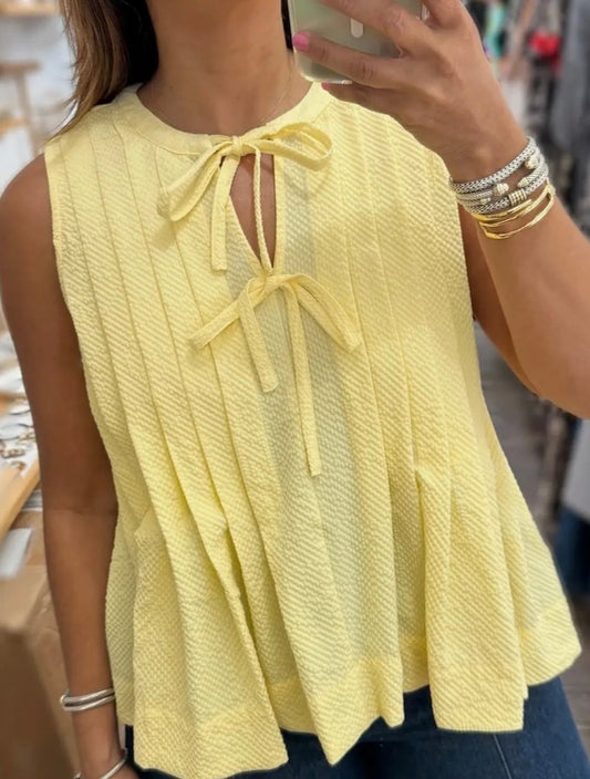 Yellow Cream Bow Tie Notched Neck Pleated Tank Top