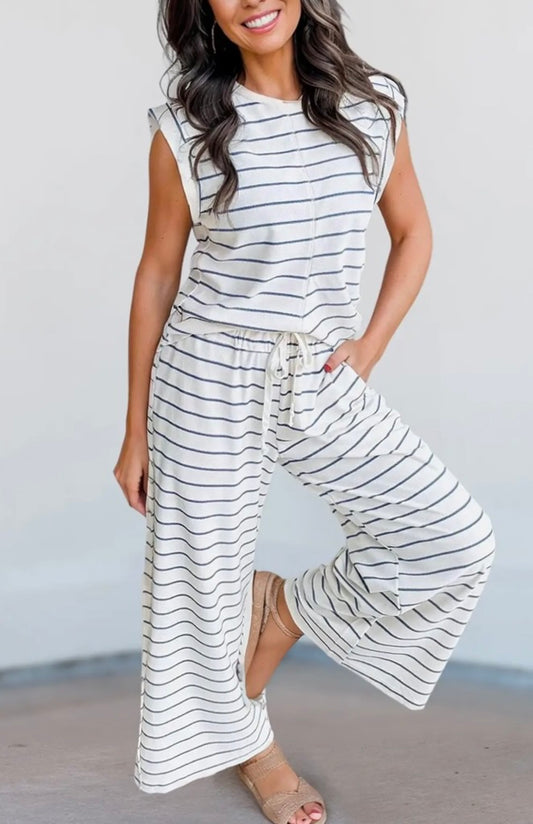 Casual Style Striped Short Sleeve Two-Piece Set