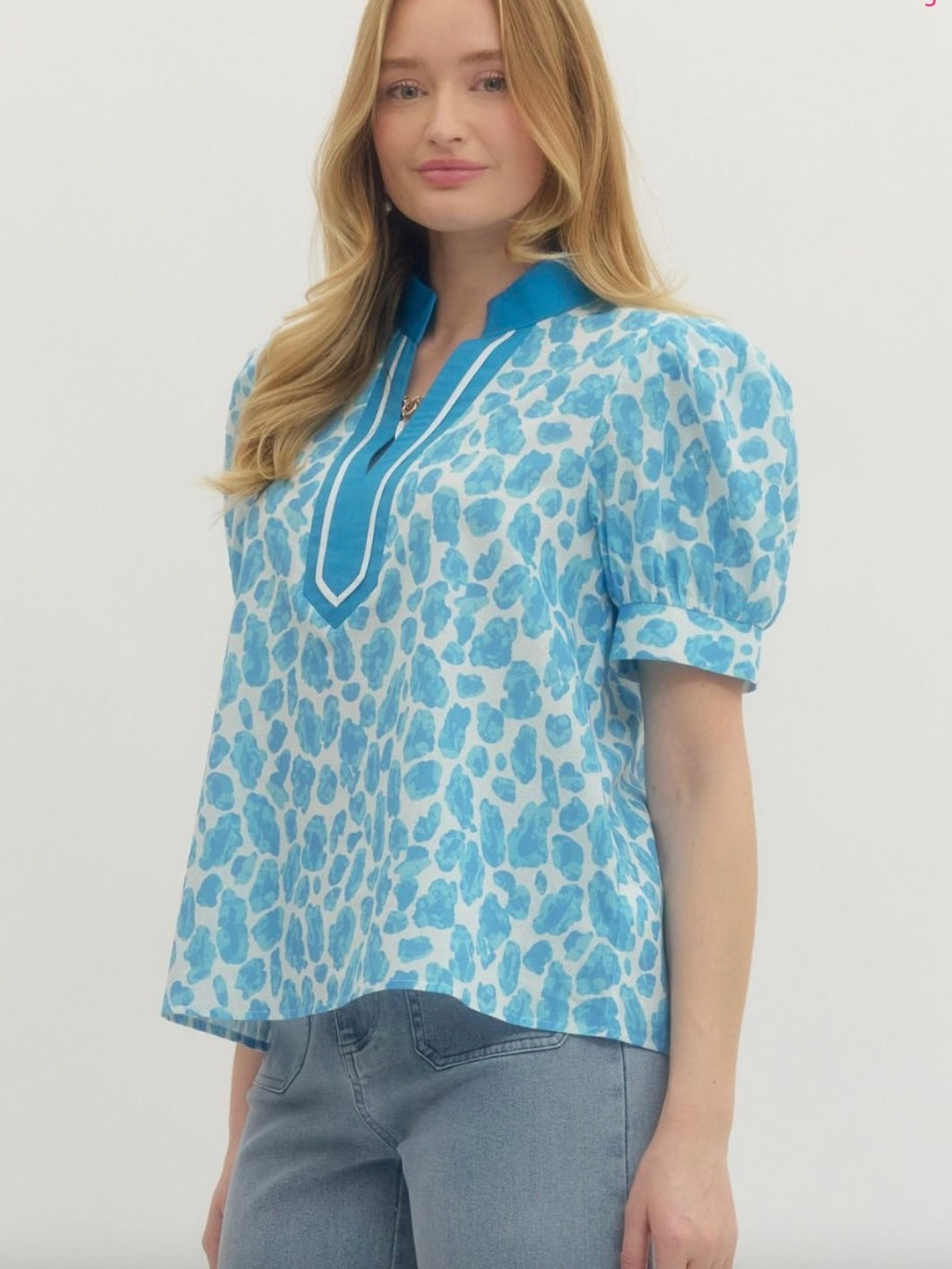 Pink leopard puff sleeve top