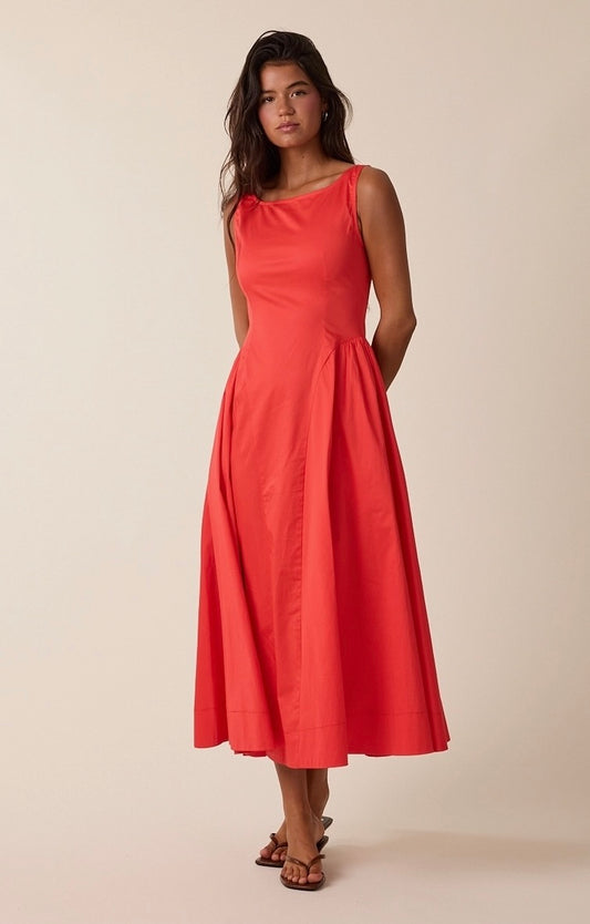 U Shape Boat Neck Dress-Red