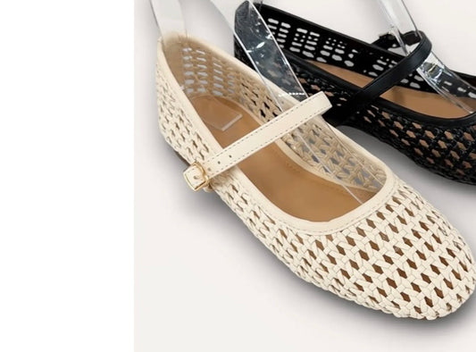 Mary Jane Woven Mesh Round Toe-BONE
