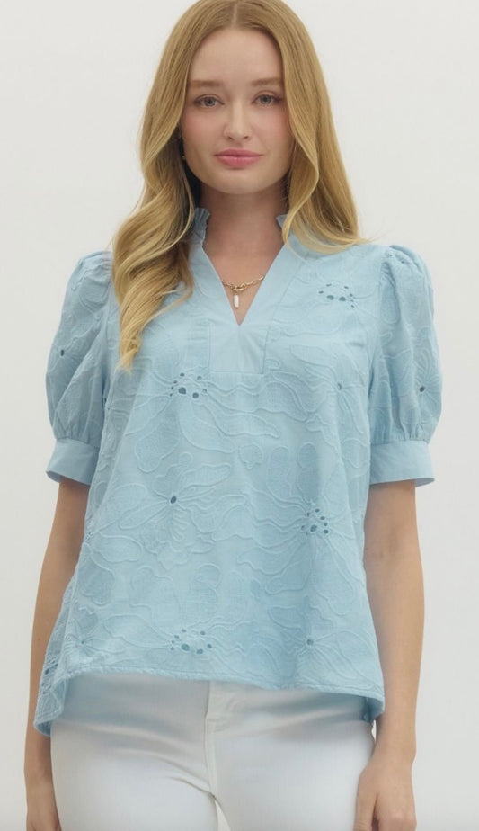 Floral embroidered short puff sleeve pullover top-Kelly Green