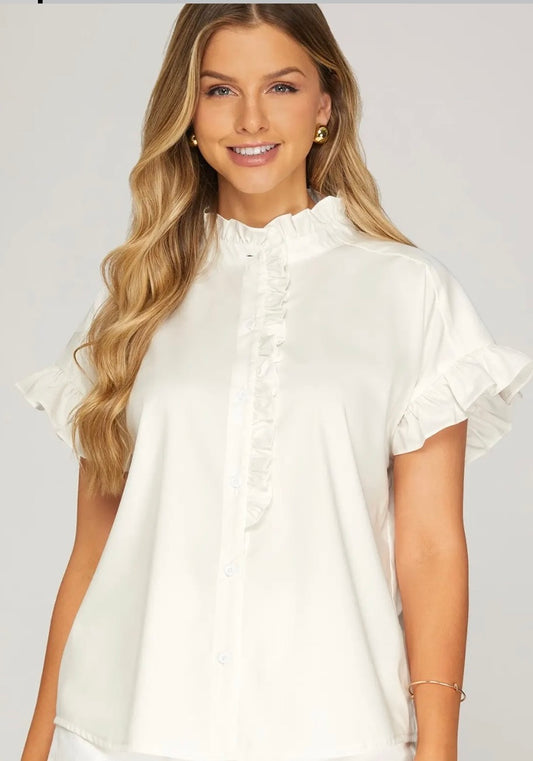 DROP SHOULDER RUFFLED NECK TOP