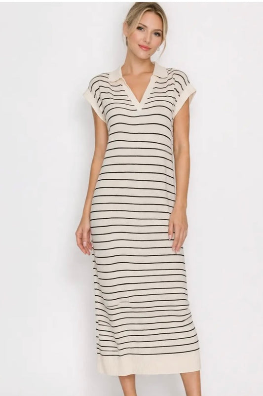 Striped Knit Polo Midi Dress