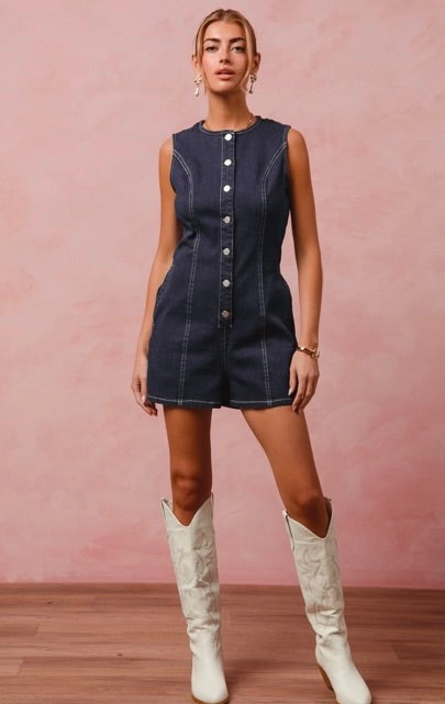 Button up front denim romper