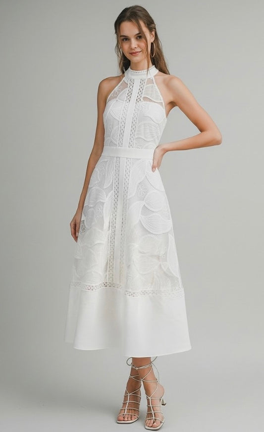 High Neck Lace Midi Dress
