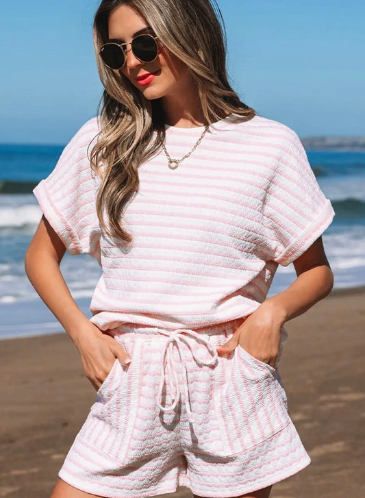 Pink Stripe Knitted Short Sleeve Top and Drawstring Shorts Set