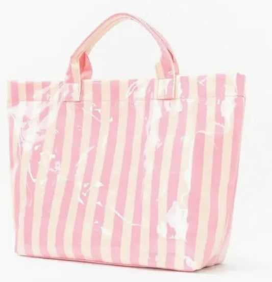 Large Striped Vinyl Tote-Pink/Yellow