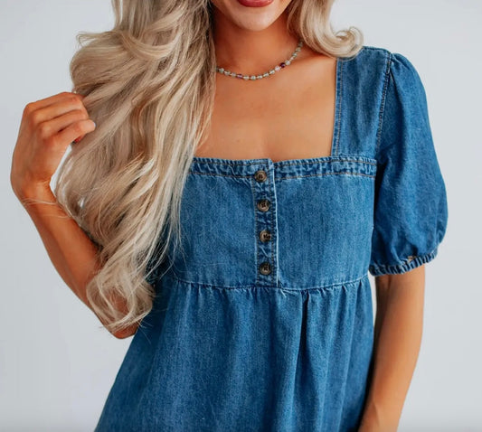 Denim Square Neck Short Puff Sleeve Mini Dress