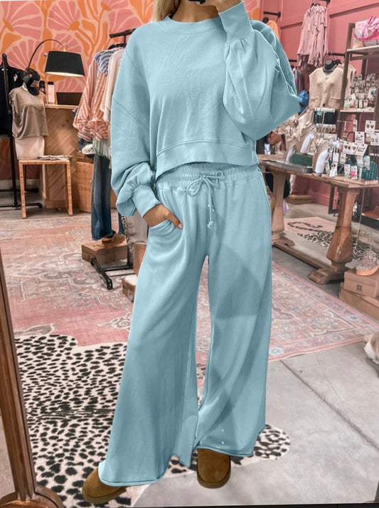 Fall Colorful Puff Sleeve Crop Wide Leg Pants Set