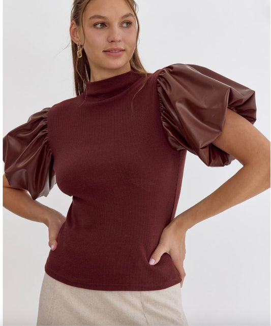 Brown leather puff sleeve shirt