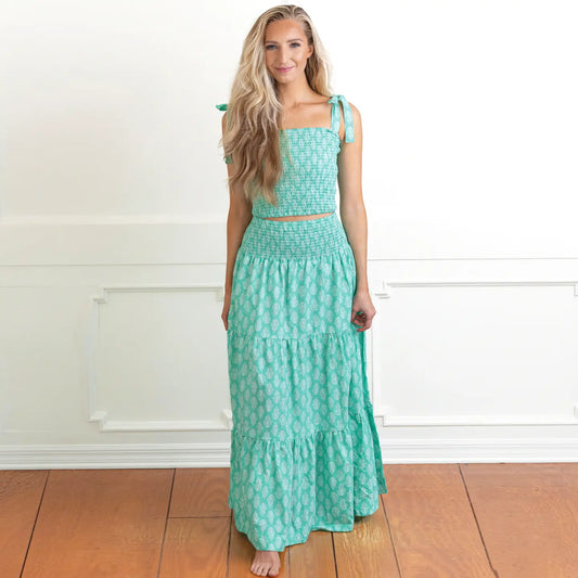 Green smocked Tie Top& Skirt Set